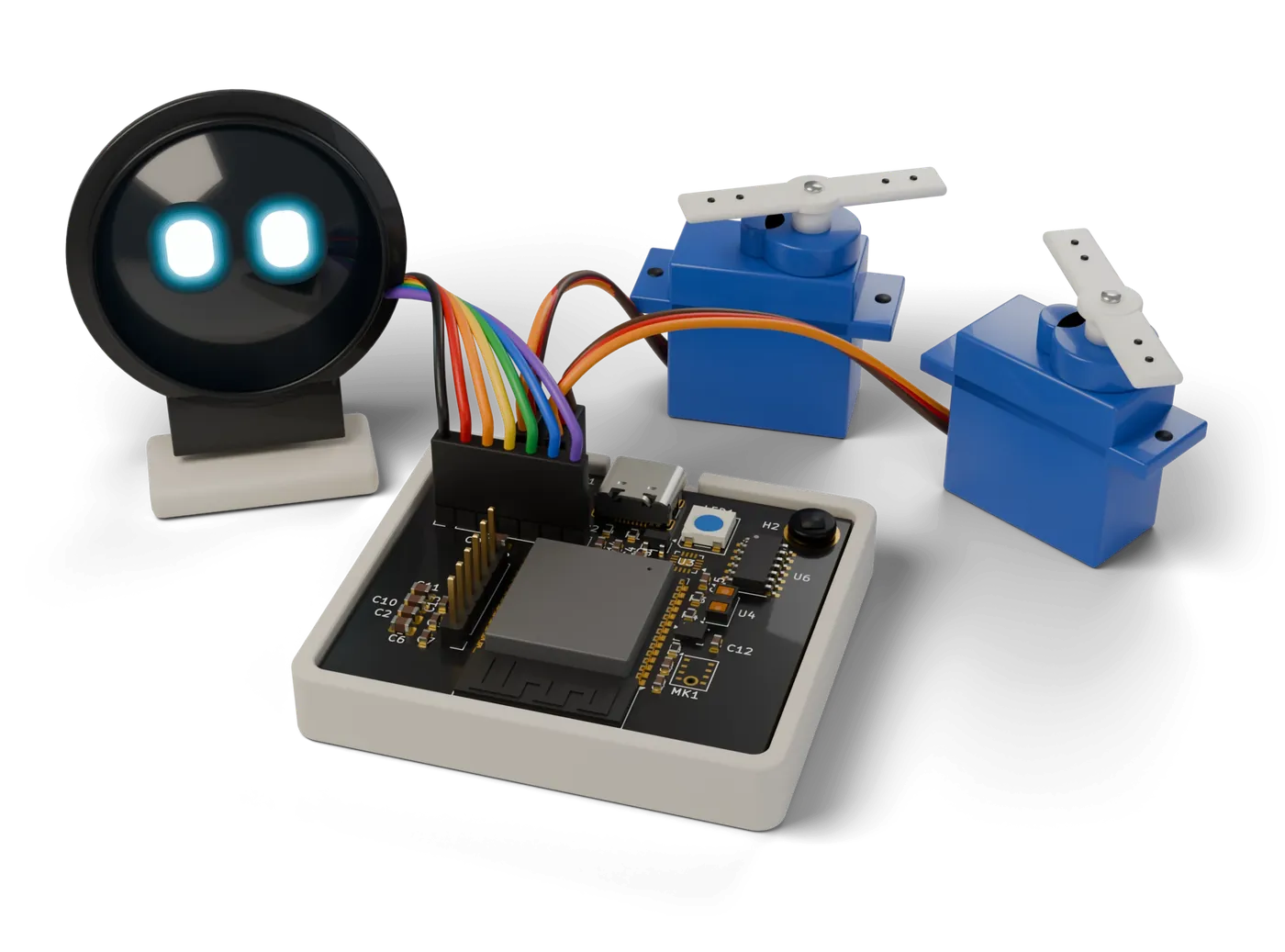 A small desk robot with two servos, a round display and a microphone, drawn as a 3D scene with its board underneath